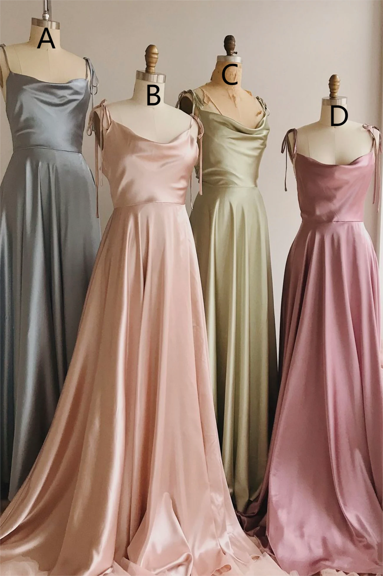 Vestidos de fiesta largos de satén sencillos con tirantes finos y corte en A